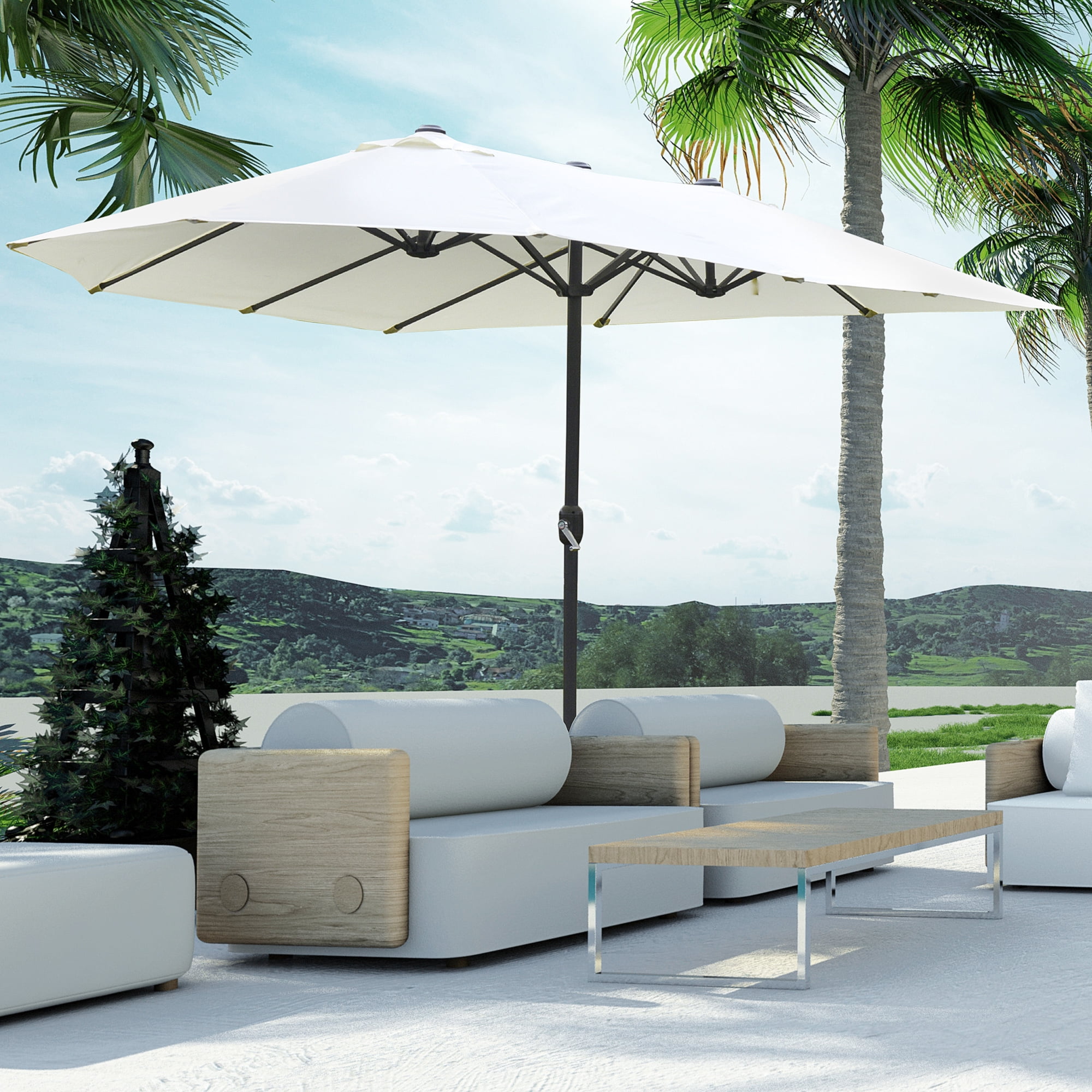 Outsunny Patio Umbrella 15' Steel Rectangular Outdoor Double Sided Market with base, Sun Protection & Easy Crank for Deck Pool Patio, Beige