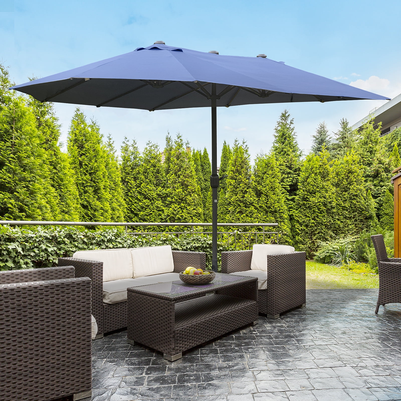 Outsunny Patio Umbrella 15' Steel Rectangular Outdoor Double Sided Market with base, Sun Protection & Easy Crank for Deck Pool Patio, Dark Blue