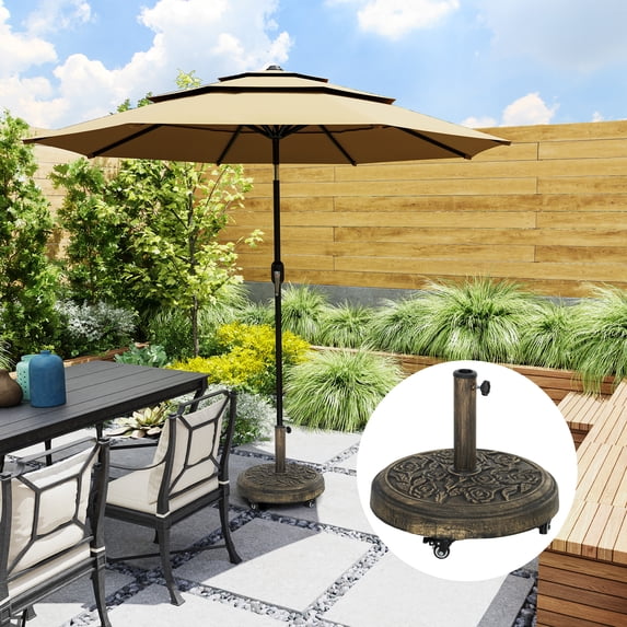 Outsunny Patio Umbrella Base, 46 lbs Umbrella Base with Wheels, Outdoor Umbrella Stand for 1.3"/1.5"/1.9" Poles for Outdoor, Lawn, Poolside, Bronze