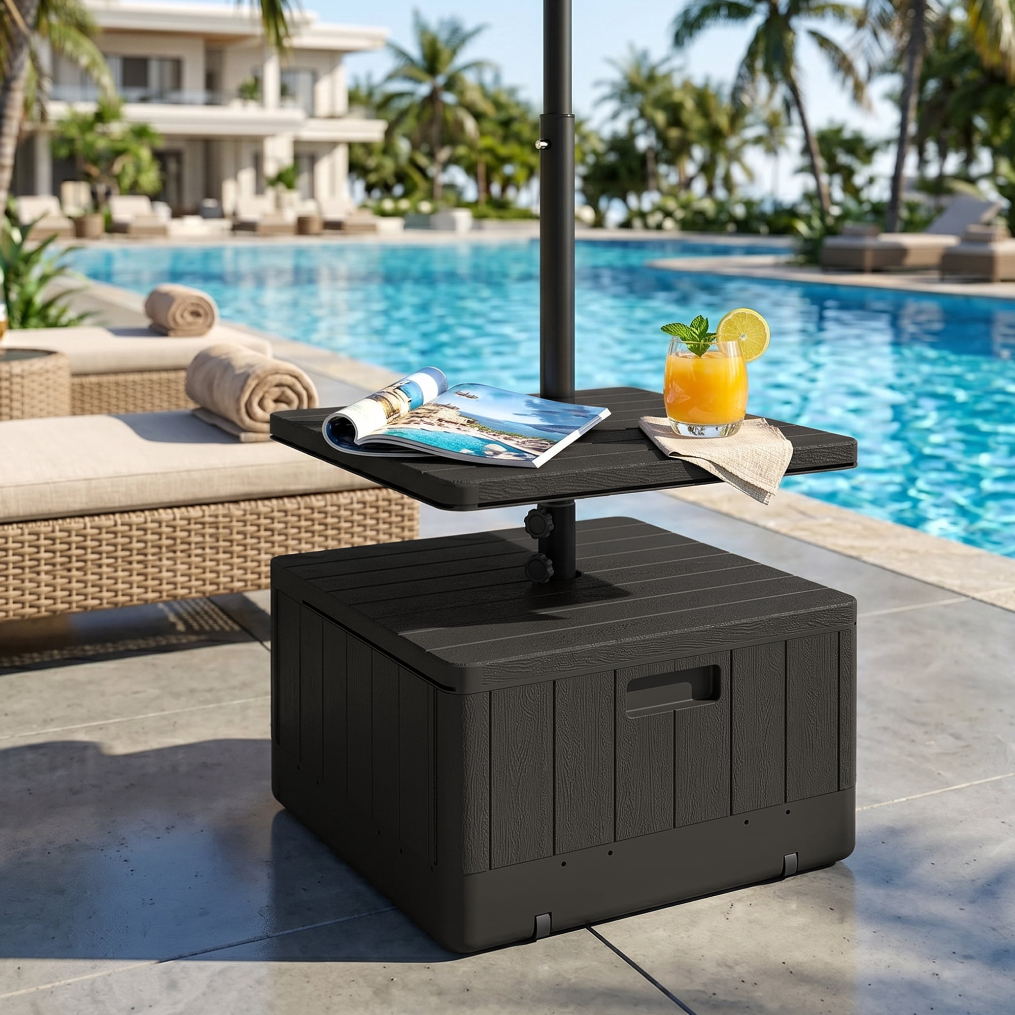 Outsunny Patio Umbrella Base with Table Tray, Heavy Duty Weighted Umbrella Stand with Wheels Handles, 176lbs with Stand Filling, Black