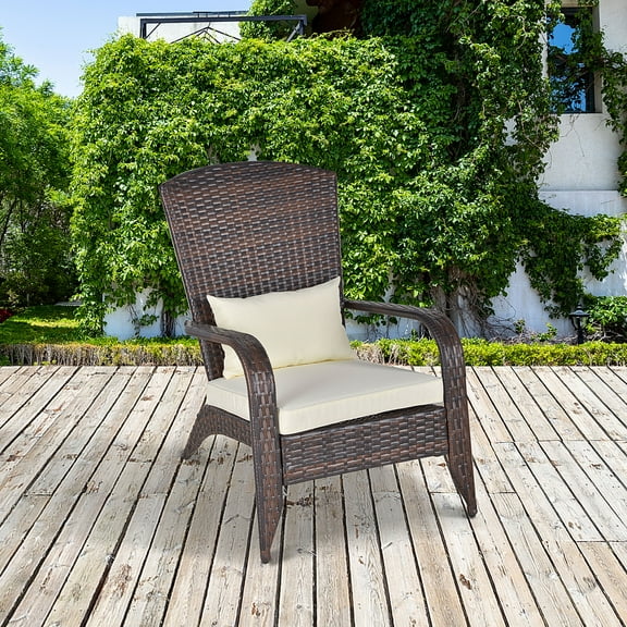 Outsunny Patio Wicker Adirondack Chair, Outdoor All-Weather Rattan Fire Pit Chair w/ Soft Cushions, Tall Curved Backrest and Comfortable Armrests for Deck or Garden, Cream White