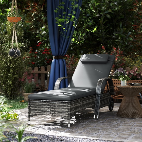 Outsunny Patio Wicker Chaise Lounge, PE Rattan Outdoor Lounge Chair with Cushion, Height Adjustable Backrest & Wheels, Mixed Gray and Gray