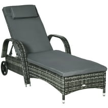Outsunny Patio Wicker Cushioned Single Lounge, Outdoor PE Rattan Armrests Chaise Lounge Chair with Height Adjustable Backrest & Wheels, Mixed Grey