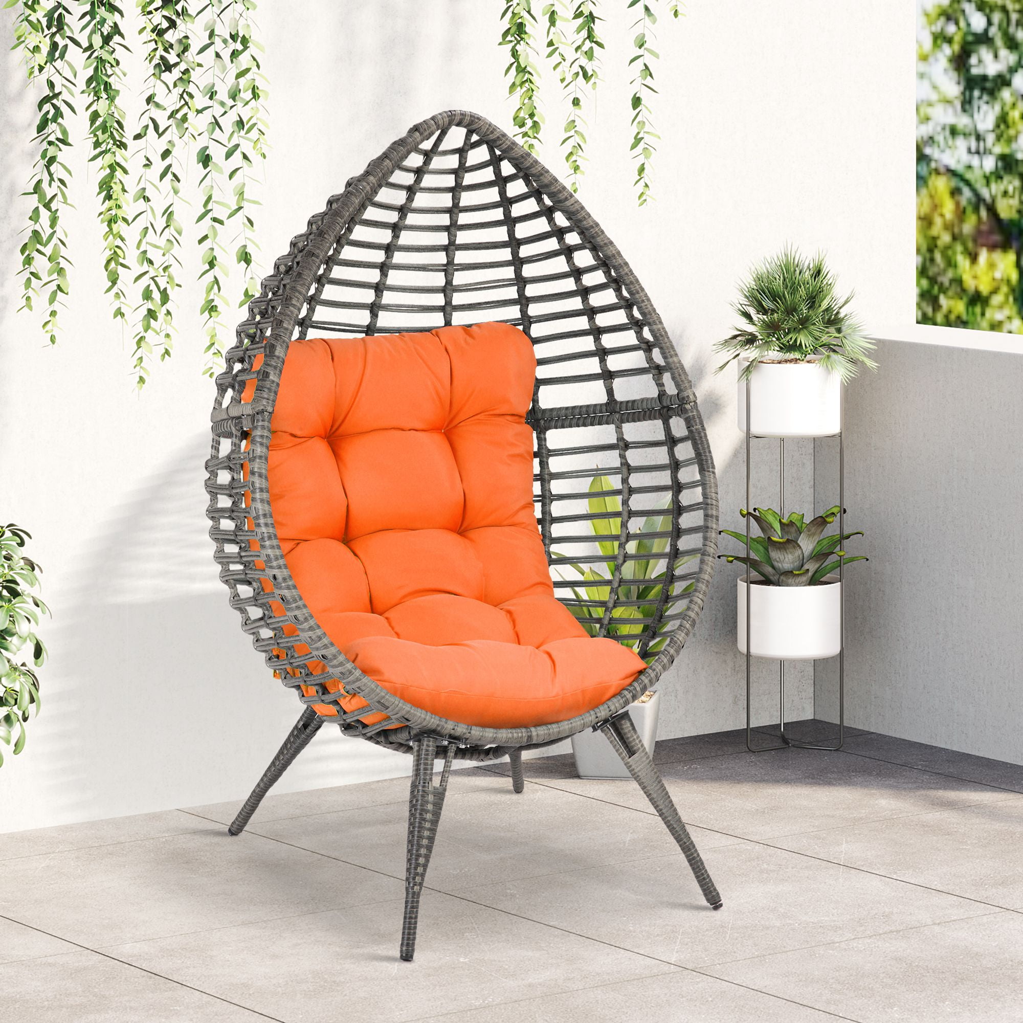 Outsunny Patio Wicker Egg Chair w Soft Cushion Teardrop Cuddle Seat Outdoor Indoor Patio Chair PE Plastic Rattan Furniture with Adjustable