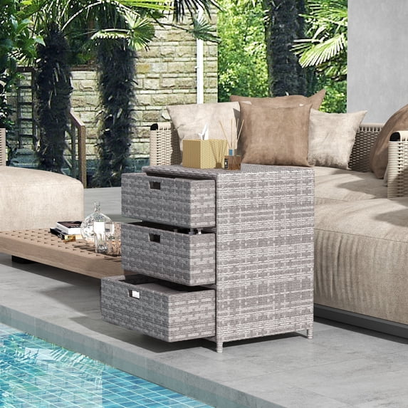 Outsunny Patio Wicker Pool Cabinet, Rattan Storage Cabinet Organizer Gray