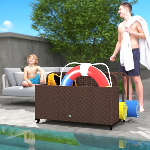 Outsunny Patio Wicker Pool Float Storage Basket, Outdoor PE Rattan Pool Caddy with Rolling Wheels for Floats, Noodles, Paddles, Towels, Brown