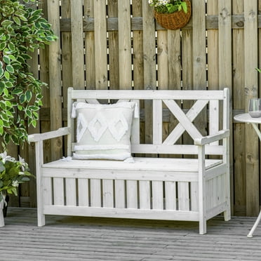 Outsunny 29 Gallon Garden Storage Bench with Wooden Frame, Large Entryway Deck Box w/ Unique X-Shape Back, Louvered Side Panels for Patio, White