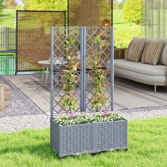 Outsunny Planter Box with Trellis, Self Watering Raised Garden Bed with Lockable Wheels and Drainage Holes, Gray