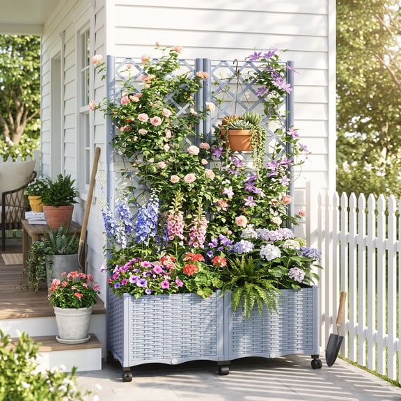 Outsunny Planter Box with Trellis, Self Watering Raised Garden Bed with Lockable Wheels and Drainage Holes, Gray