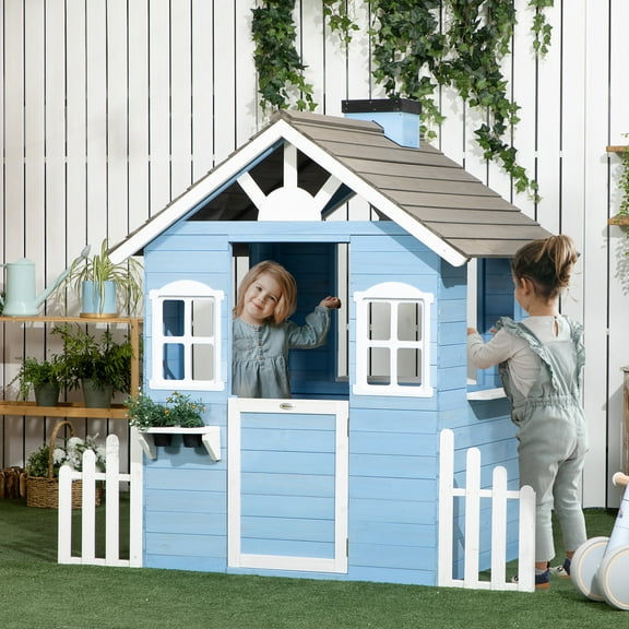Outsunny Playhouse for Kids Outdoor, Country Style Wooden Playhouse with Flower Pot Holders, Door, Windows, Service Stations for 3-7 Years, Blue