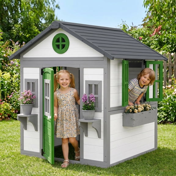 Outsunny Playhouse for Kids Outdoor, Wooden Playhouse with Doors, Windows, Planter Pots and Boxes for Toddlers 3-8 Years, Backyard, White