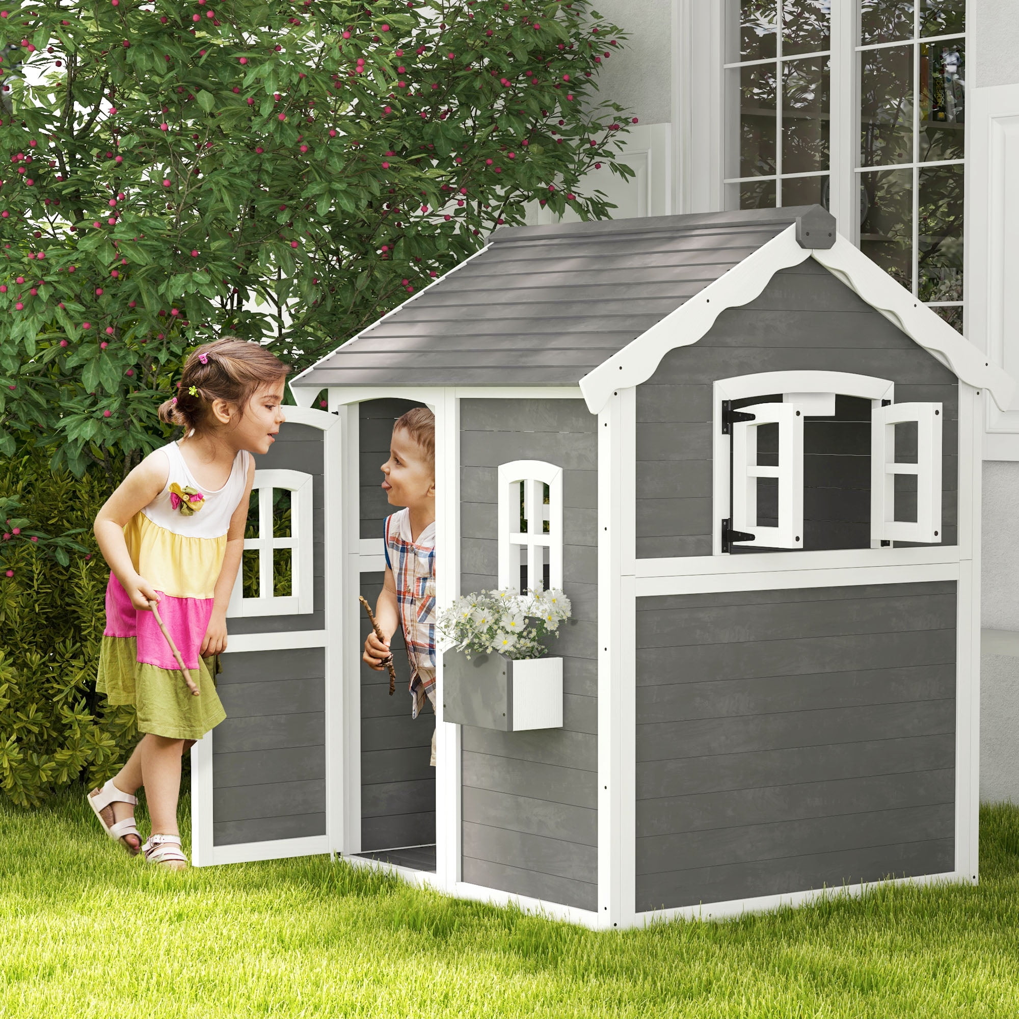 Gray and White Wooden Outdoor Playhouse with Planter Box