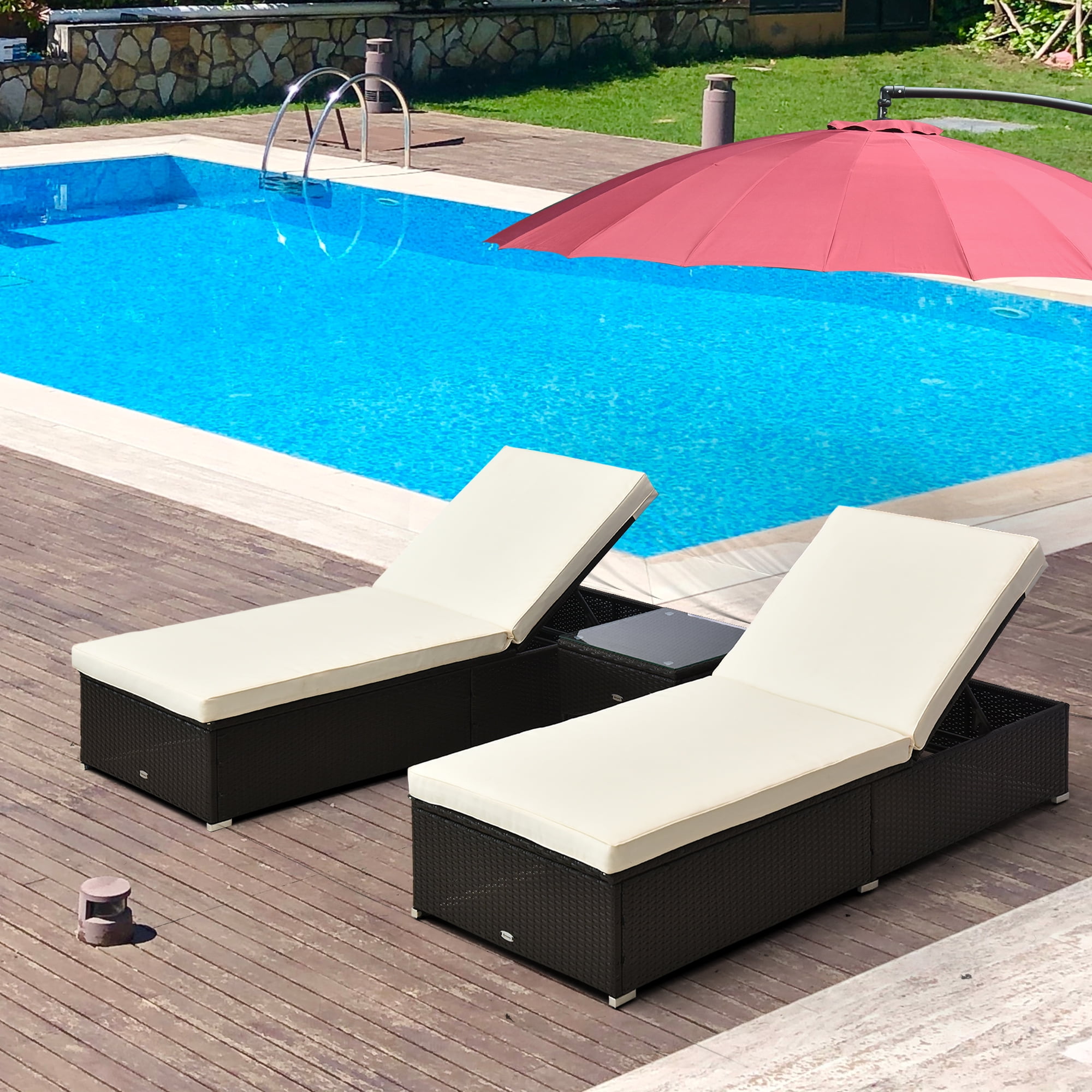 Cream White Cushioned Rattan Outdoor Chaise Lounge Set with Table