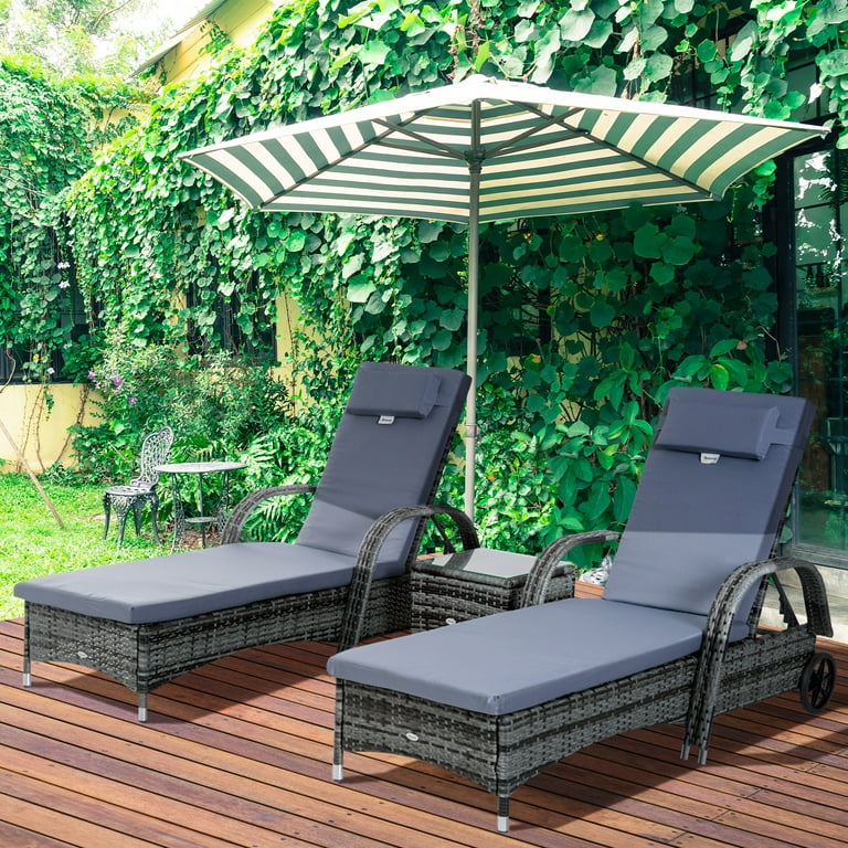 Outsunny Pool Furniture 2 Lounge Chairs Table Wheels Cushioned Gray