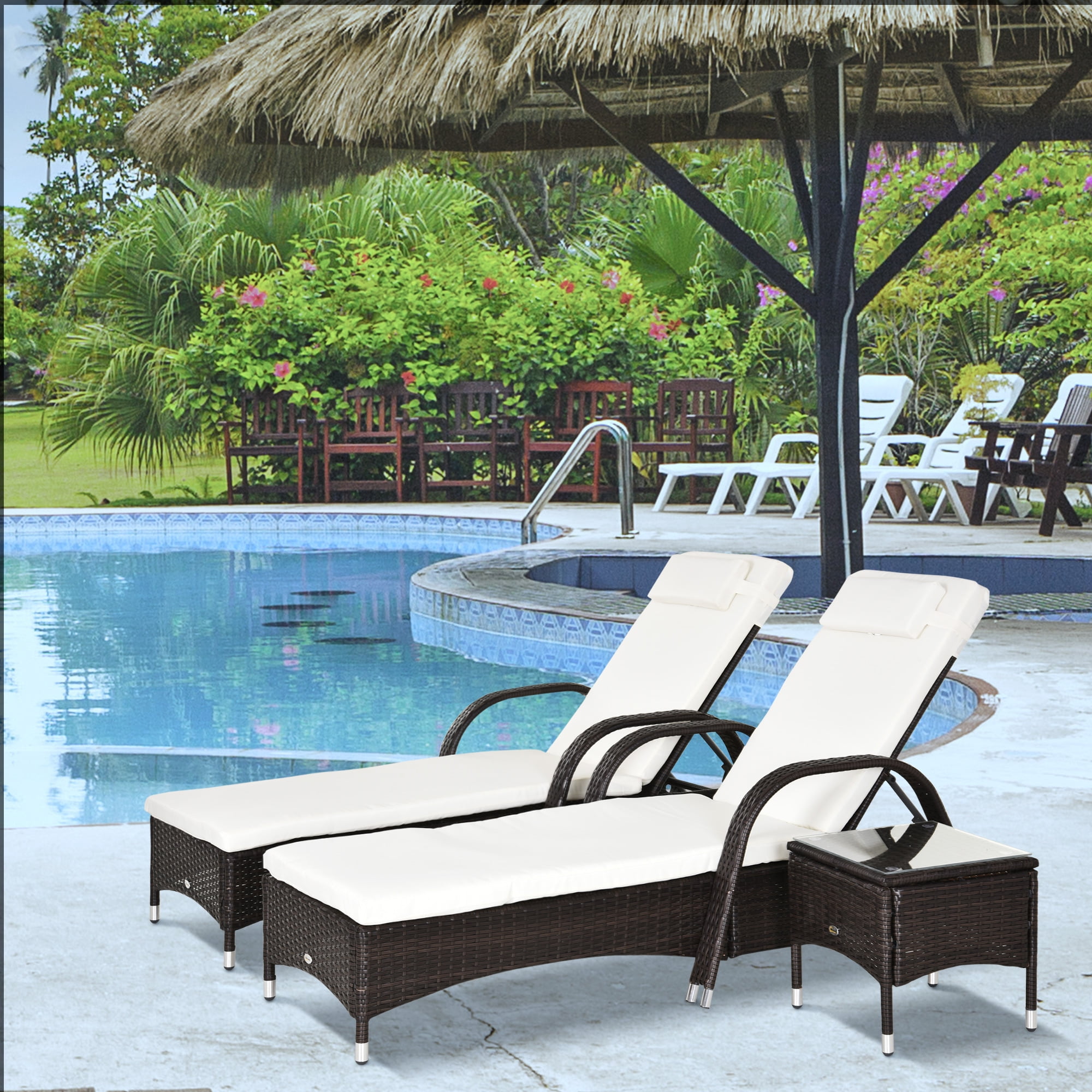 Brown and White Rattan Wicker Outdoor Chaise Lounge Set with Cushions
