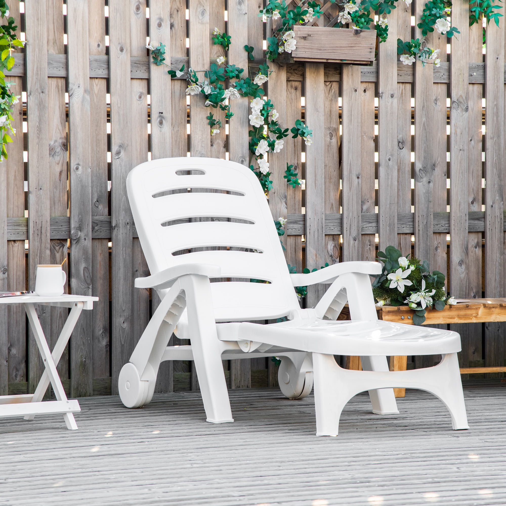 White Plastic Folding Outdoor Chaise Lounge with Adjustable Backrest and Wheels