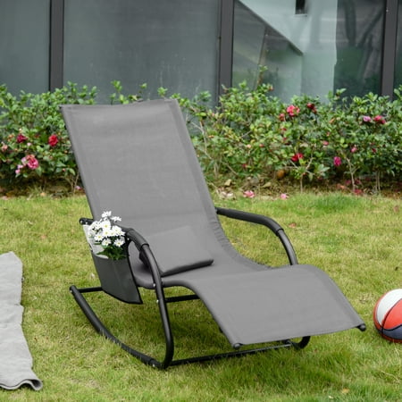 Outsunny Pool Lounge Outdoor Rocking Chair w/ Pocket, Pillow, Gray