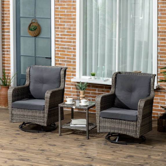 Outsunny Outdoor Swivel Rocker Patio Chair Set, 3-Piece Outdoor Furniture with 2 Rocking Chairs, 2-Tier Glass Table, Tufted Cushions, PE Wicker, Gray