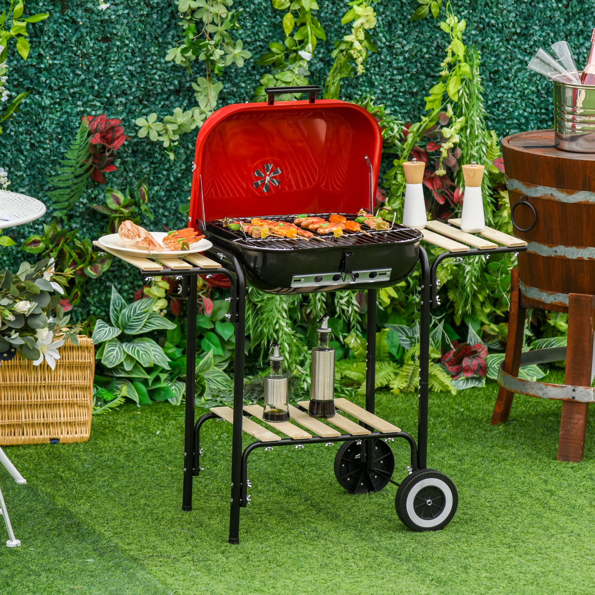 Outsunny Red and Black Portable Charcoal Grill with Shelves