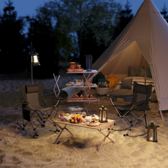 Outsunny Folding Camping Chairs, Portable Outdoor Rocking Chairs with Headrest, Cooler Bag, Cup Holder, Carry Bag, 2 Pack, Black