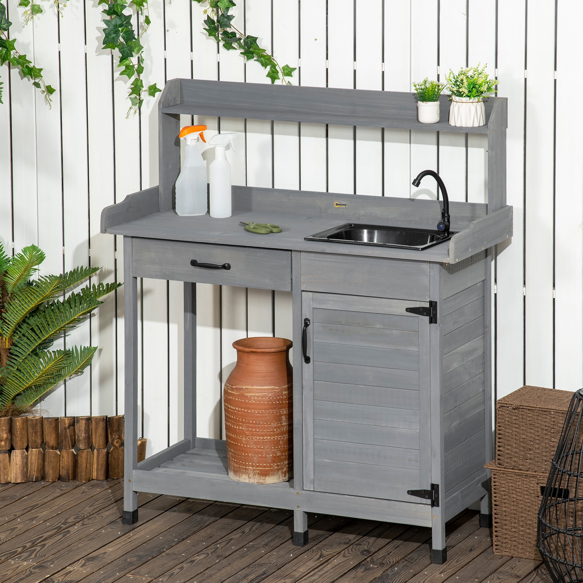 Gray Wooden Outdoor Potting Bench with Sink and Storage