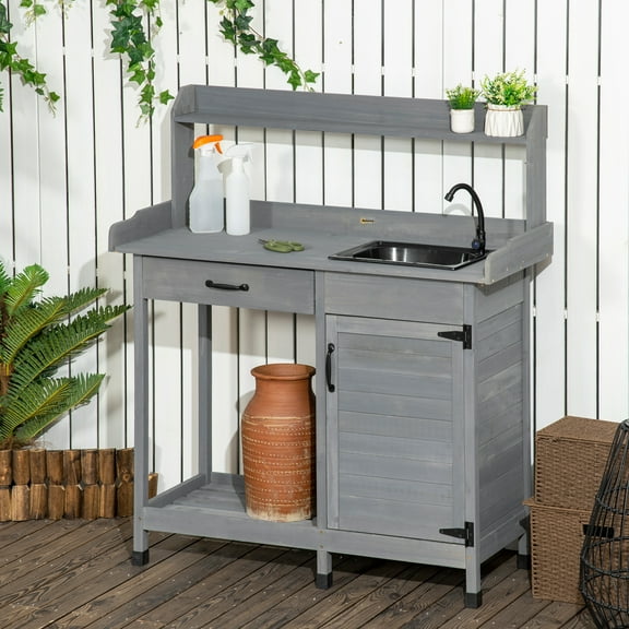 Outsunny Potting Bench Prep Table with Faucet, Sink, and Storage, Gray