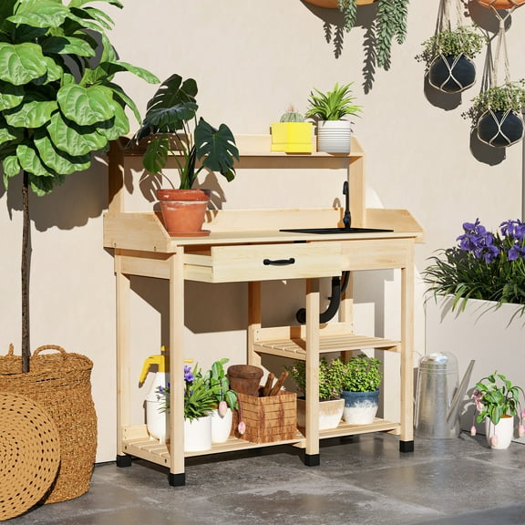 Outsunny Potting Bench Table, Includes Removable Outdoor Sink Station with Hose Hook Up, Wooden Work Station with Faucet, Drawer, Natural Wood