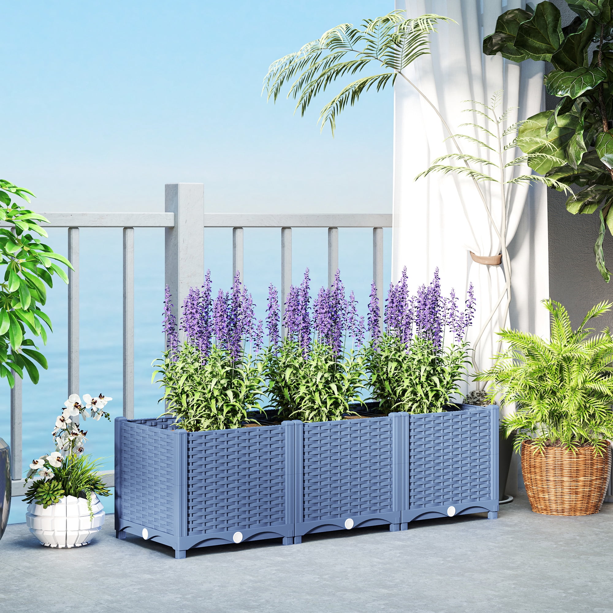 Outsunny Raised Flower Bed, 4 x 1 x 1 ft Plastic Planter Box with Drainage  Holes for Vegetables, Herbs, Flowers & Succulents, Blue