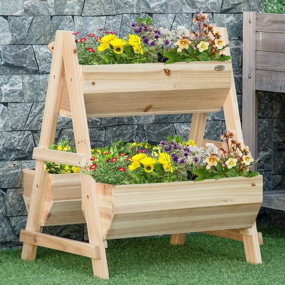 Outsunny Raised Garden Bed, 2 Tier Raised Planter Box with Stand, Nonwoven Fabric for Vegetables, Herbs, Flowers, 27" x 23" x 32", Natural
