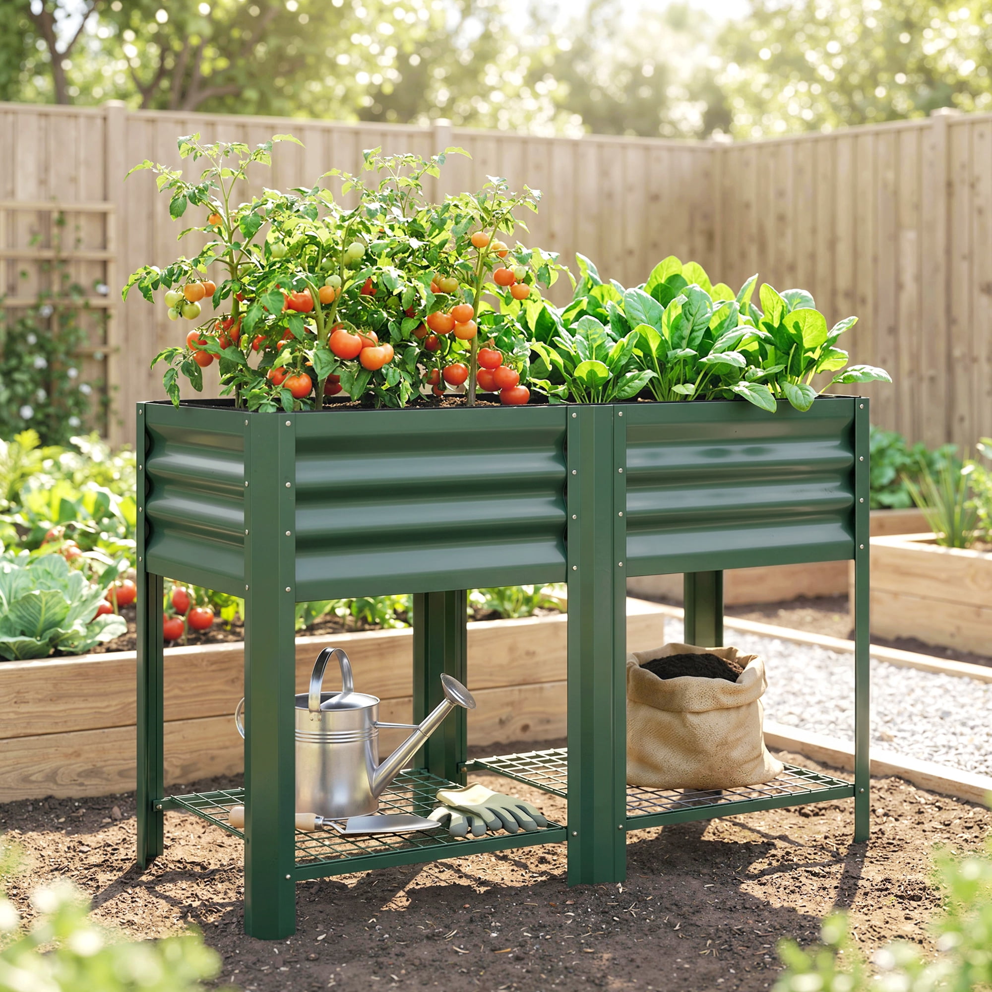Outsunny Raised Garden Bed Galvanized Steel, Elevated Planter Box with Storage Shelf, Bed Liner, Green
