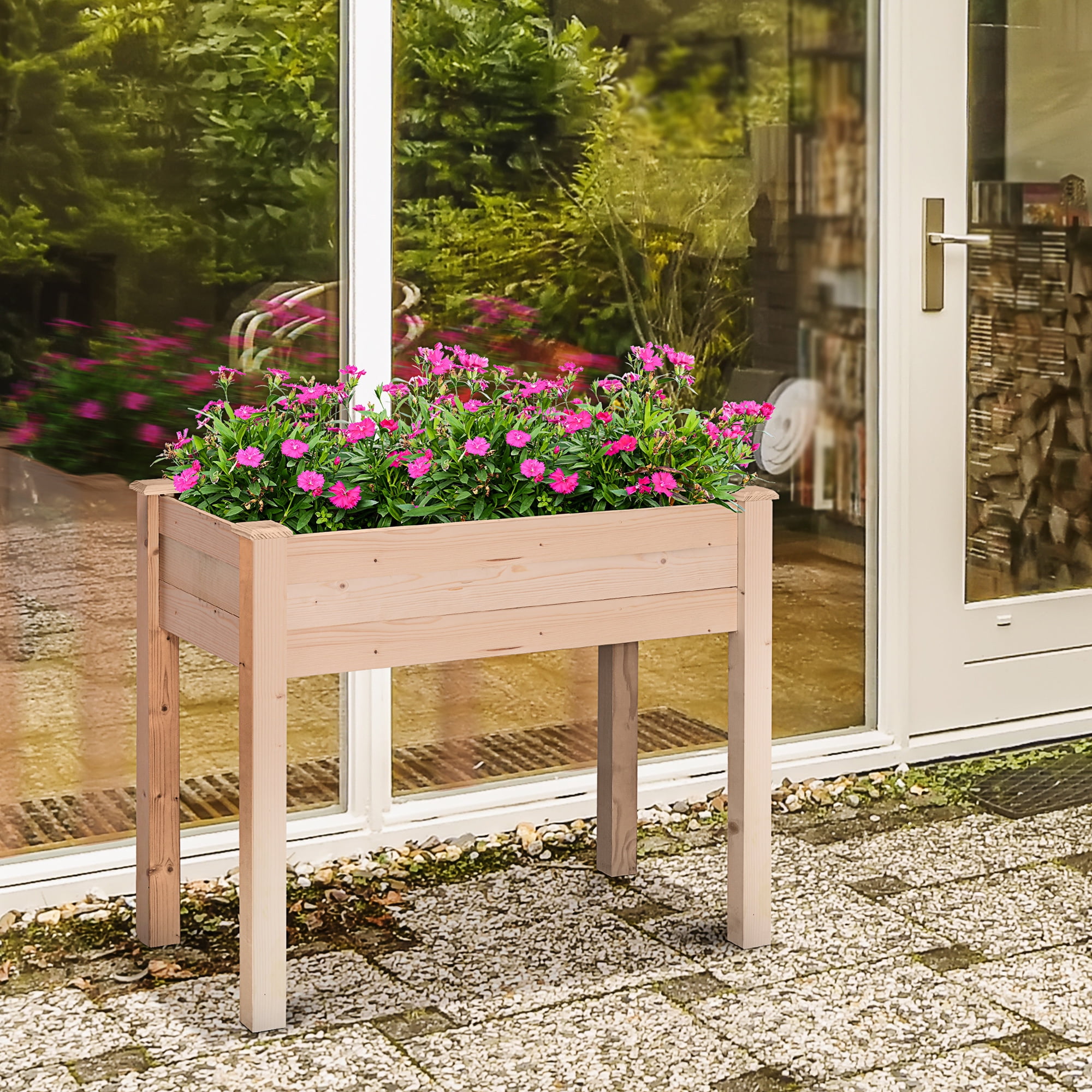 Outsunny Raised Garden Bed with Legs, 34" x 18" x 30", Elevated Wooden Planter Box, Self-Draining with Bed Liner for Vegetables, Herbs, and Flowers Backyard, Patio, Balcony Use, Natural
