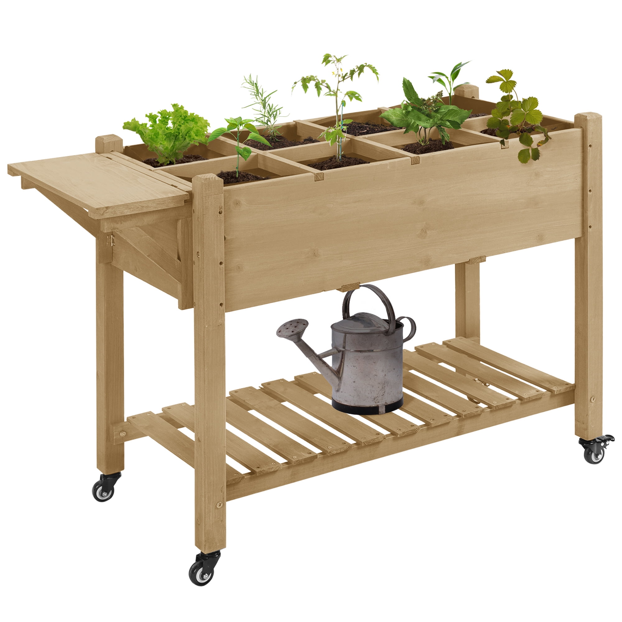 Elevated Natural Wood Garden Bed with Wheels and Storage Shelf