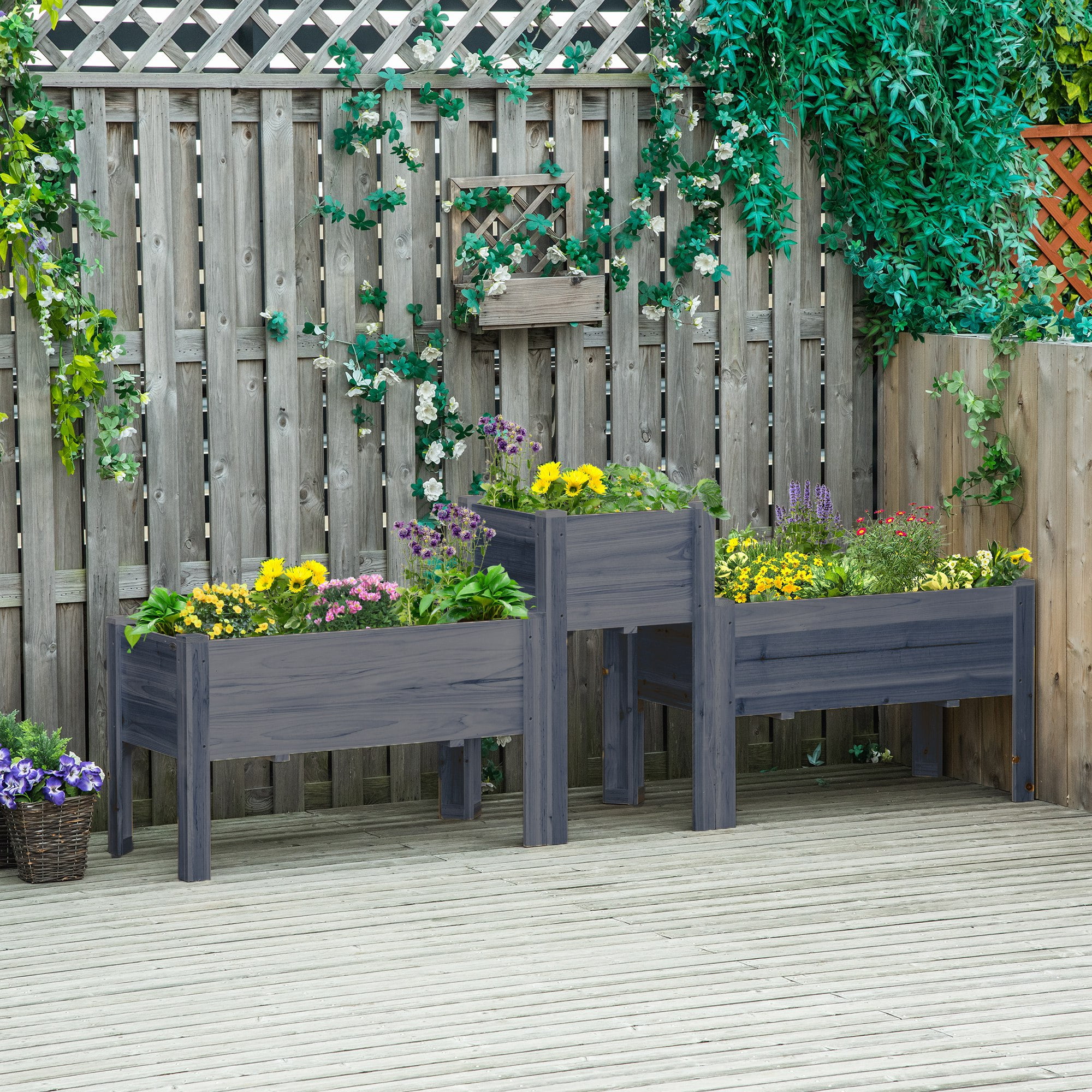 Elevated Gray Wood Garden Bed Trio for Deck and Yard