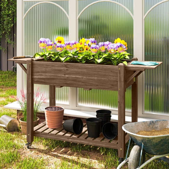 Outsunny Raised Garden Bed, Wood Elevated Planter Box with Lockable Wheels, Side Tables, Bottom Shelf, Bed Liner and Drainage Holes, Carbonized