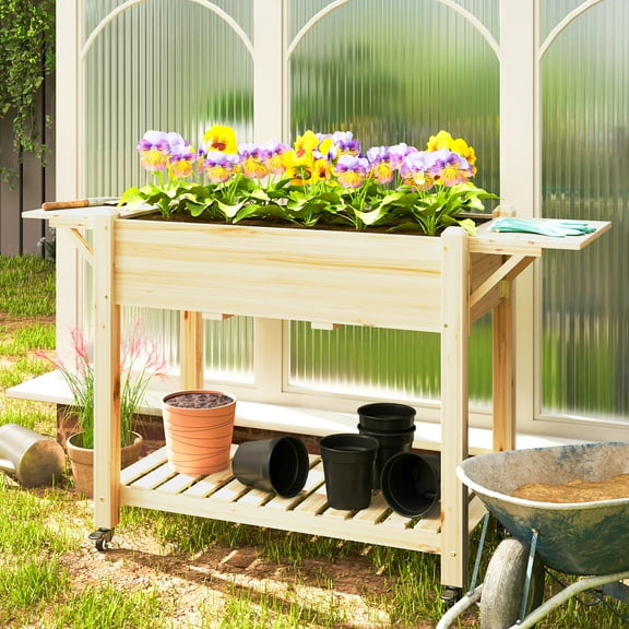 Outsunny Raised Garden Bed, Wood Elevated Planter Box with Lockable Wheels, Side Tables, Bottom Shelf, Bed Liner and Drainage Holes, Natural