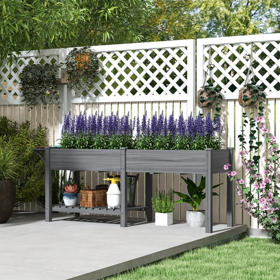 Outsunny Raised Garden Bed, Wood Elevated Planter Box with Side Table, Bottom Shelf, Bed Liners and Drainage Holes, Gray