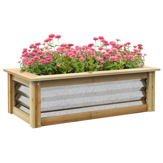 Outsunny Raised Garden Bed, Wood Reinforced Metal Planter Box, 2.6'