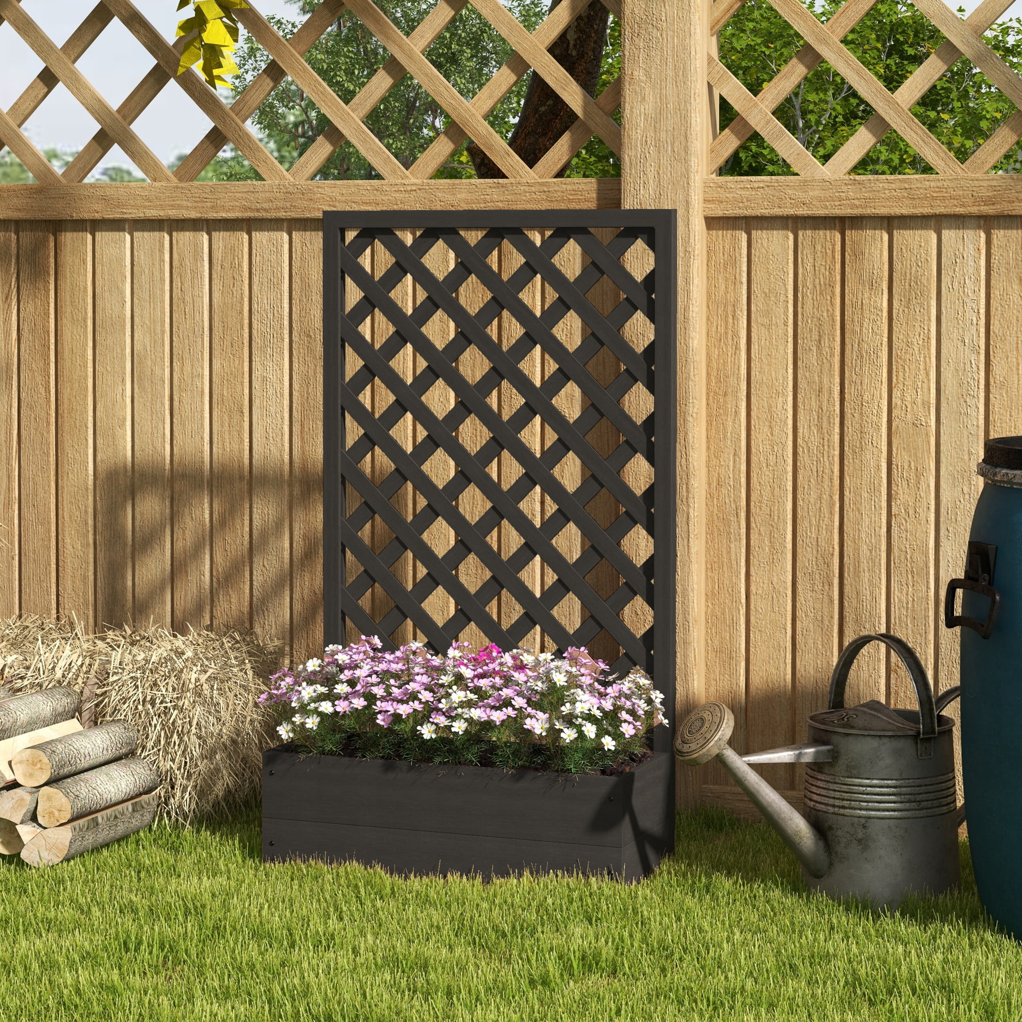 Outsunny Raised Garden Bed w/ Lattice Trellis Planter Box, Black