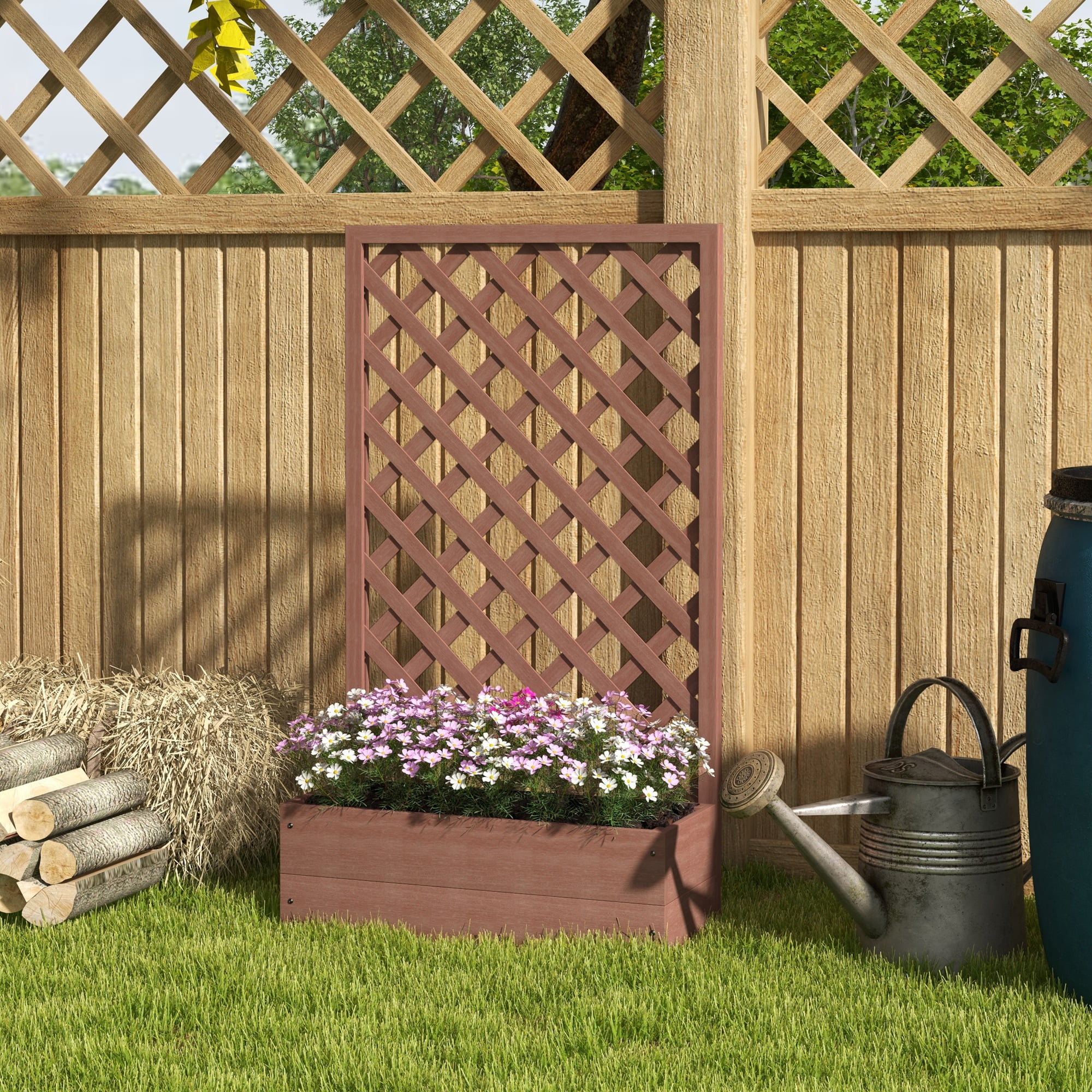 Outsunny Raised Garden Bed w/ Trellis Lattice, Drainage Gap, Freestanding Trellis Planter for Climbing Plants, Vines, Flowers, Light Brown