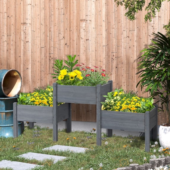 Outsunny 73" x 18" x 32" Raised Garden Bed w/ Three Elevated Planter Box, Freestanding Wooden Plant Stand for Vegetables, Herb, Flowers, Gray