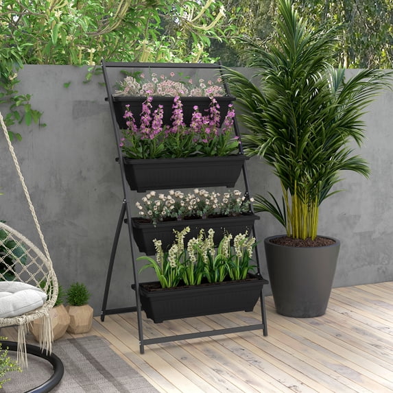 Outsunny Raised Garden Bed with 4 Planter Boxes, Self Draining, Plant Stand Grow Container for Vegetable Flowers Herb, Black