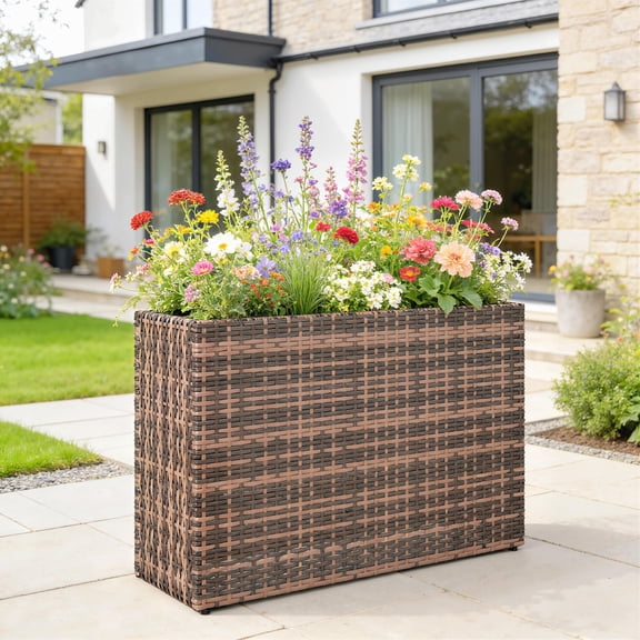 Outsunny Tall Rectangular Planter Box with Removable Liner, Drainage Holes, PE Wicker Large Planter for Indoor Outdoor Plants, Flowers, Brown
