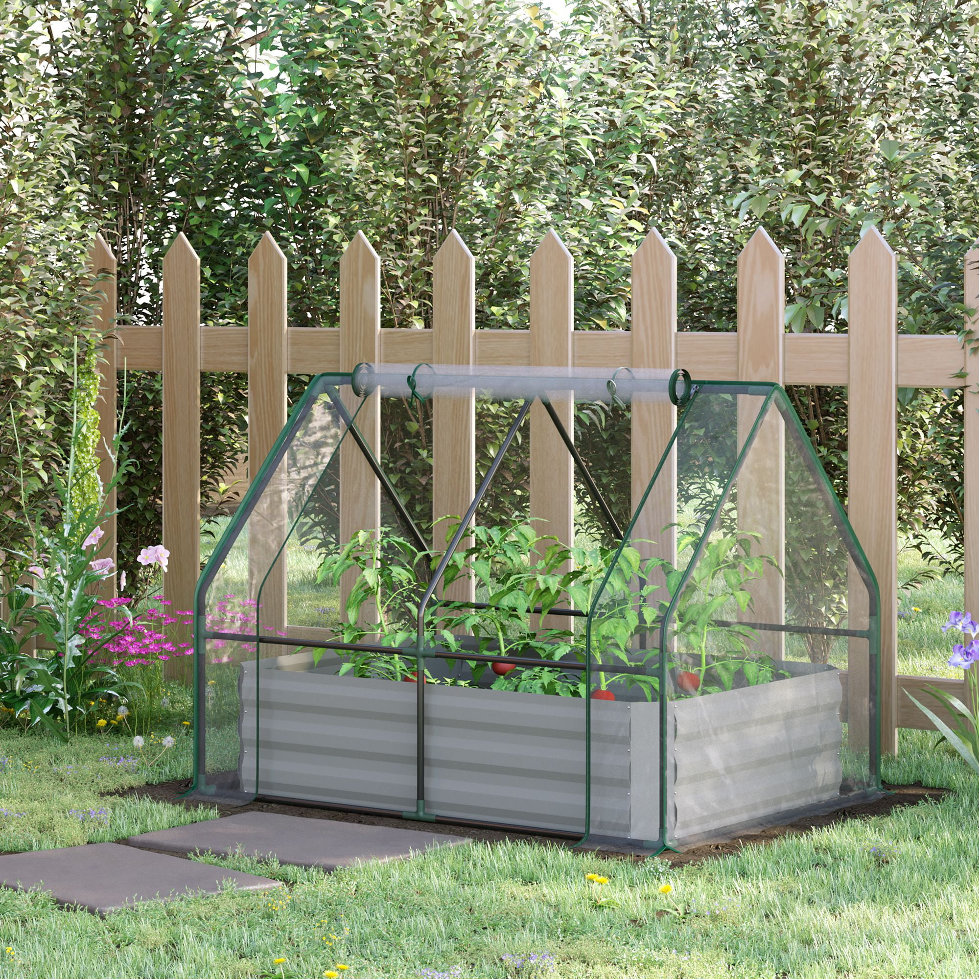 Outsunny Raised Garden Bed with Mini Greenhouse, Steel Outdoor Planter Box with Plastic Cover, Roll Up Window, Dual Use, 50"x 37.5"x 36.25", Clear