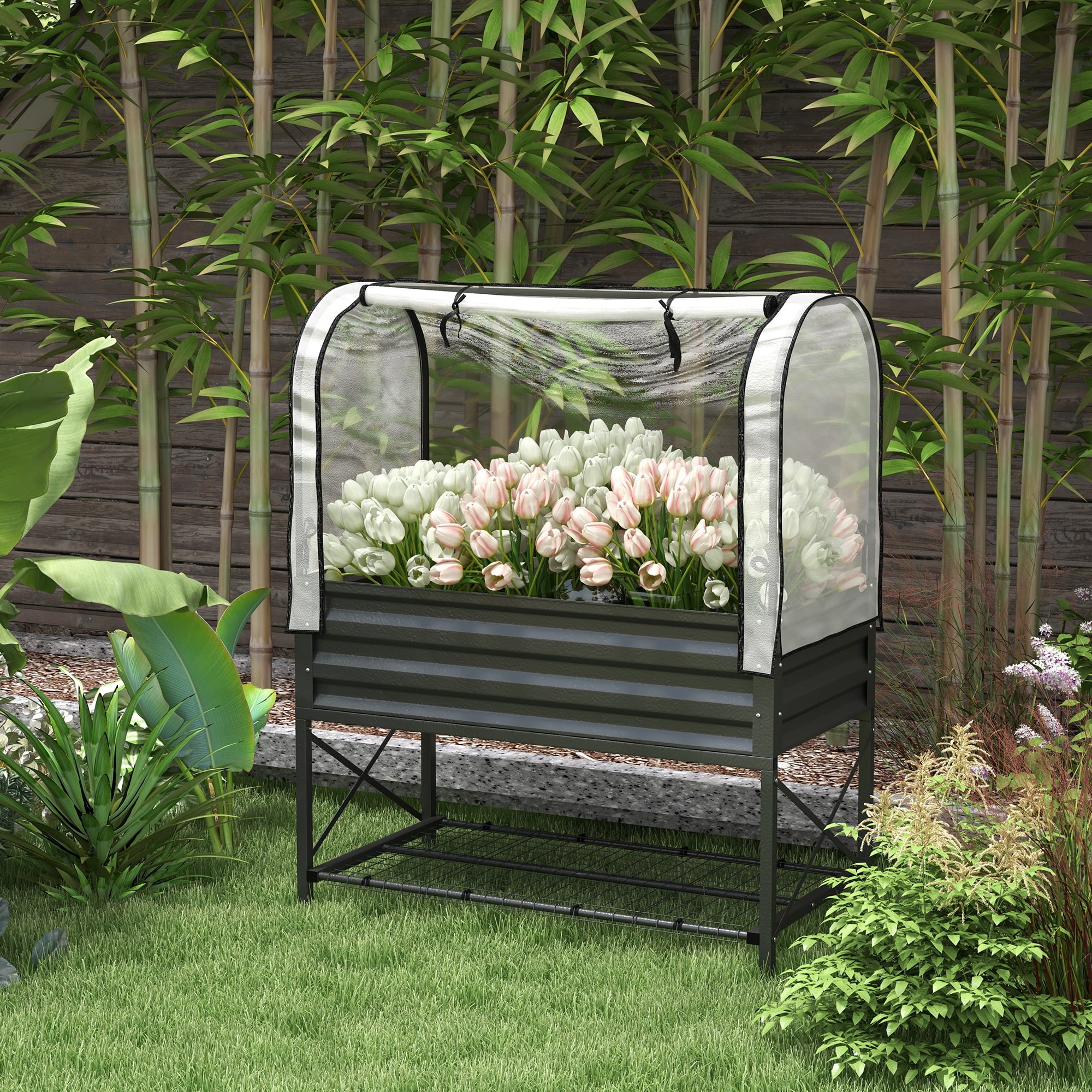 Black Metal Raised Garden Bed with Cover and Storage Shelf