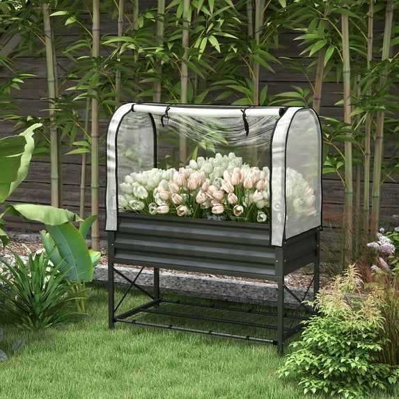Outsunny Raised Garden Bed with Cover and Storage Shelf, Rectangular Metal Elevated Planter Box with Legs and Bed Liner, Black