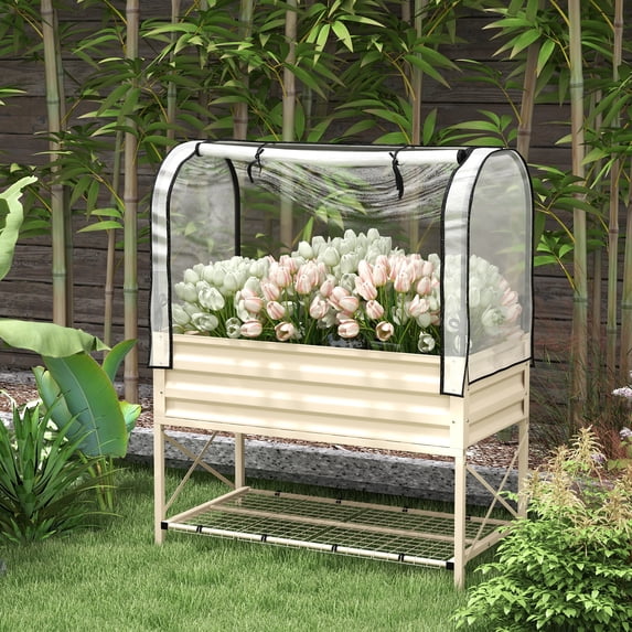 Outsunny Raised Garden Bed with Cover and Storage Shelf, Rectangular Metal Elevated Planter Box with Legs and Bed Liner, Cream
