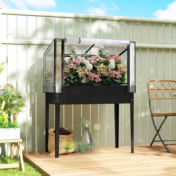 Outsunny Raised Garden Bed with Flip-Up Greenhouse Cover, Metal Elevated Garden Bed with Legs and Drainage Hole, Black