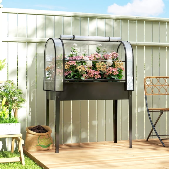 Outsunny Raised Garden Bed with Flip-Up Greenhouse Cover, Metal Elevated Garden Bed with Legs and Drainage Hole, Black