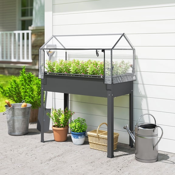 Outsunny Raised Garden Bed with Greenhouse Cover, Elevated Garden Box with Legs and Drainage Hole for Vegetables, Dark Gray