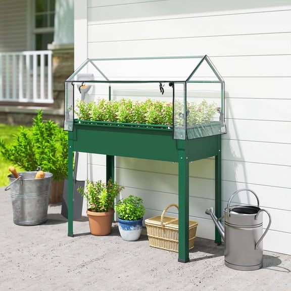 Outsunny Raised Garden Bed with Greenhouse Cover, Elevated Garden Box with Legs and Drainage Hole for Vegetables, Green